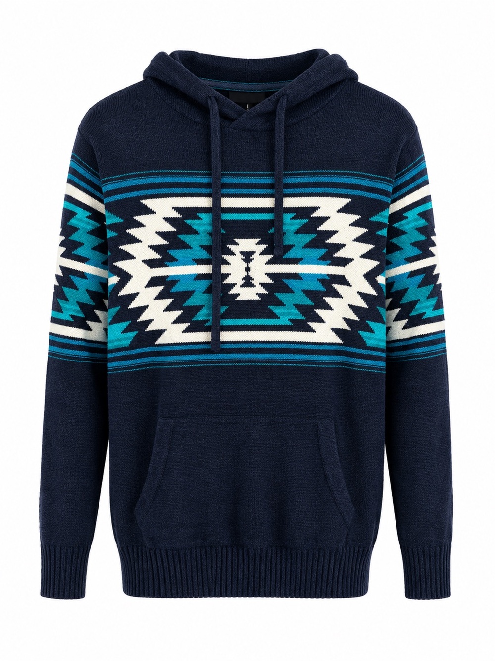 American Eagle Navajo Southwestern Hooded Knit Sweater Navy Blue Cotton Medium